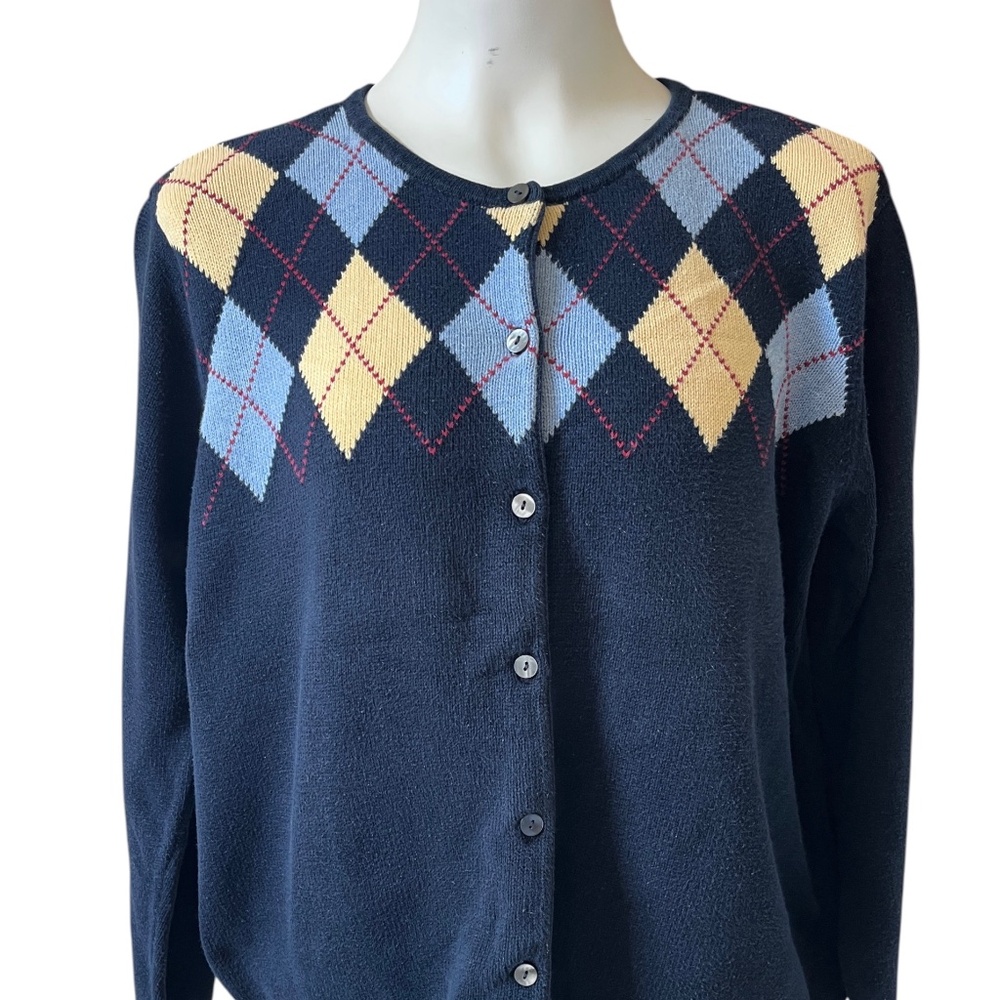 Liz Claiborne Lizsport Vintage Argyle Cotton Sweater Large Blue Yellow Y2K